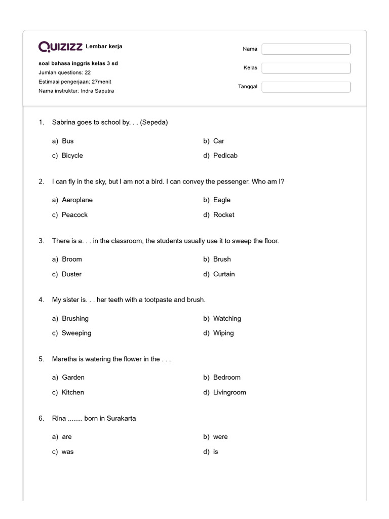 Soal Bahasa Inggris Kelas 3 Sd Quizizz Pdf