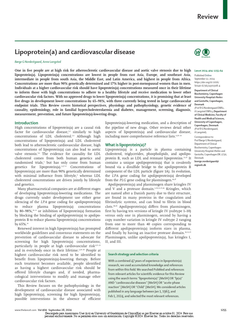 Lipoprotein (A) and Cardiovascular Disease Lancet Review | PDF ...