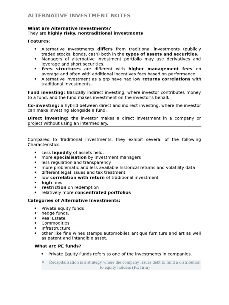 CFA Alternative Investments Overview | PDF | Hedge Fund | Investing