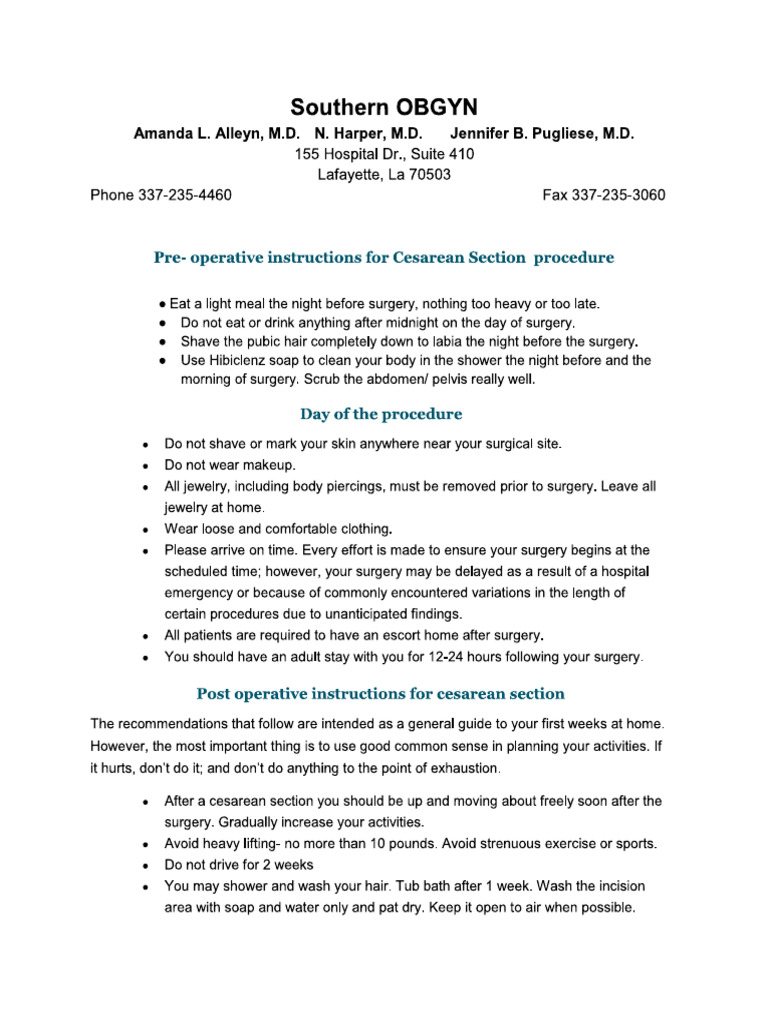 SOBGYN Pre Operative Instructions For Cesarean Section Procedure | PDF