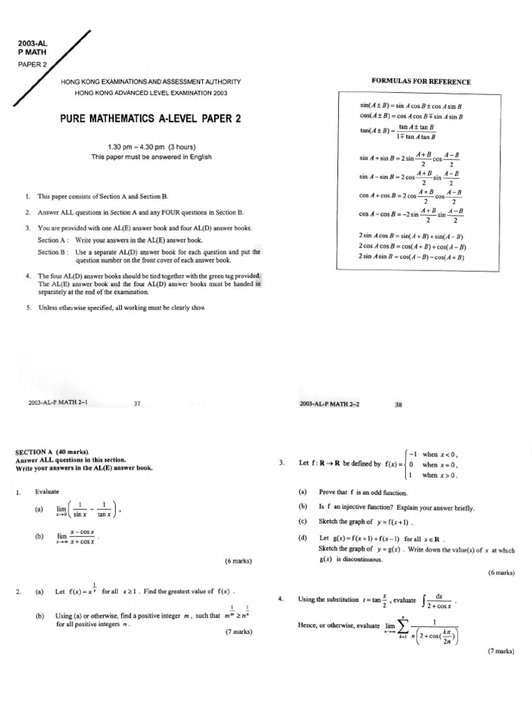 2003 AL Pure Math Paper2 | PDF