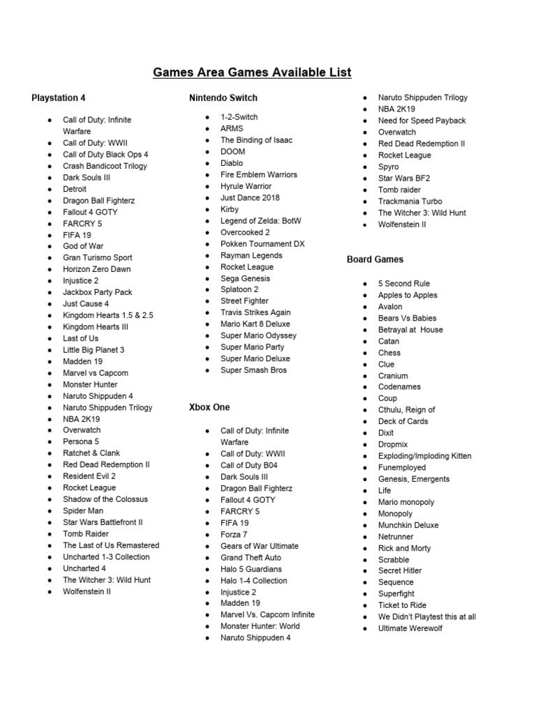 Games Area Game List PDF