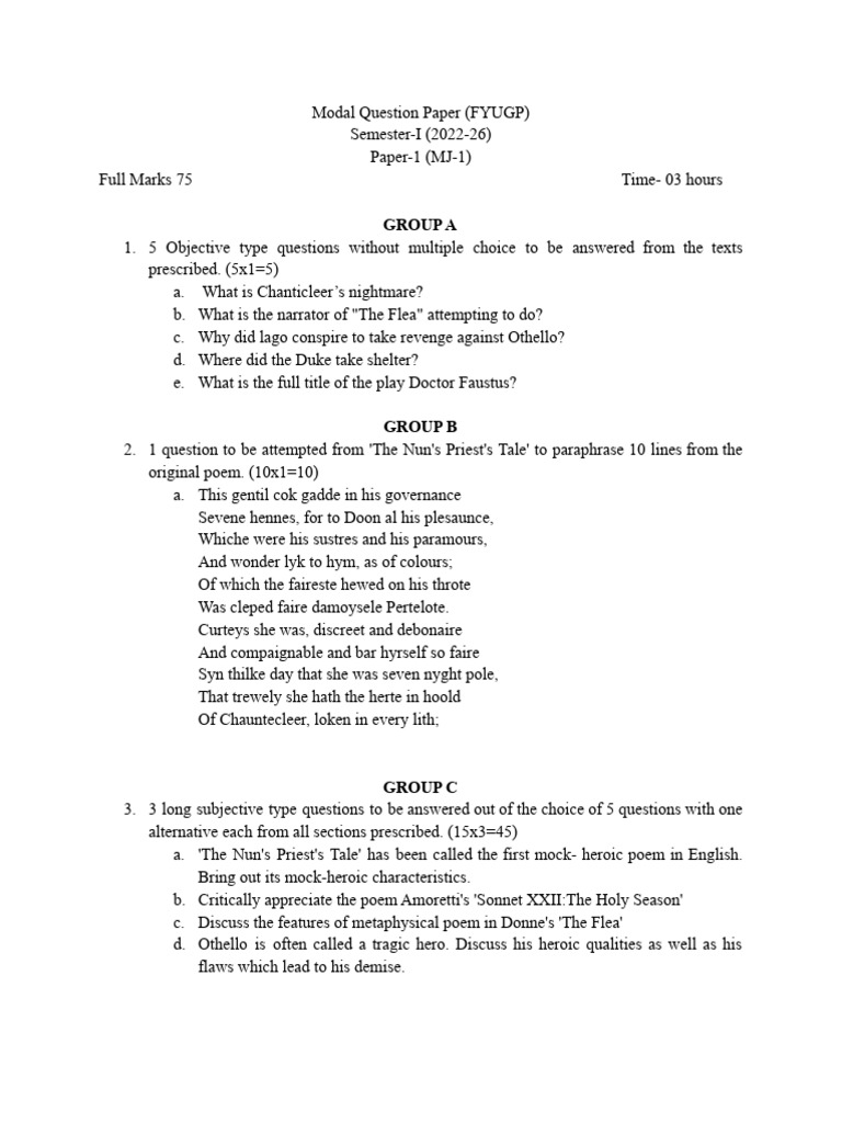 FYUGP Modal Question Paper 2024 | PDF | Art | Poetry