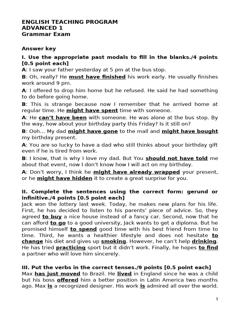 A1 Mock Grammar Exam - AK | PDF