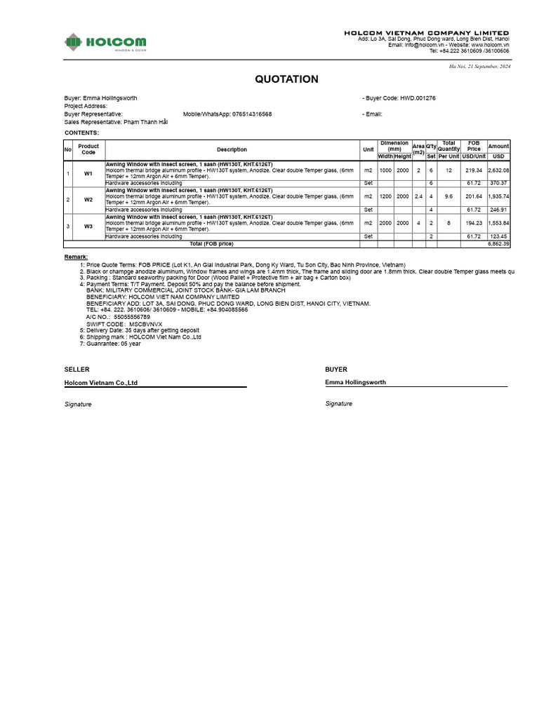 Holcom-Quotation For MR - Emma | PDF