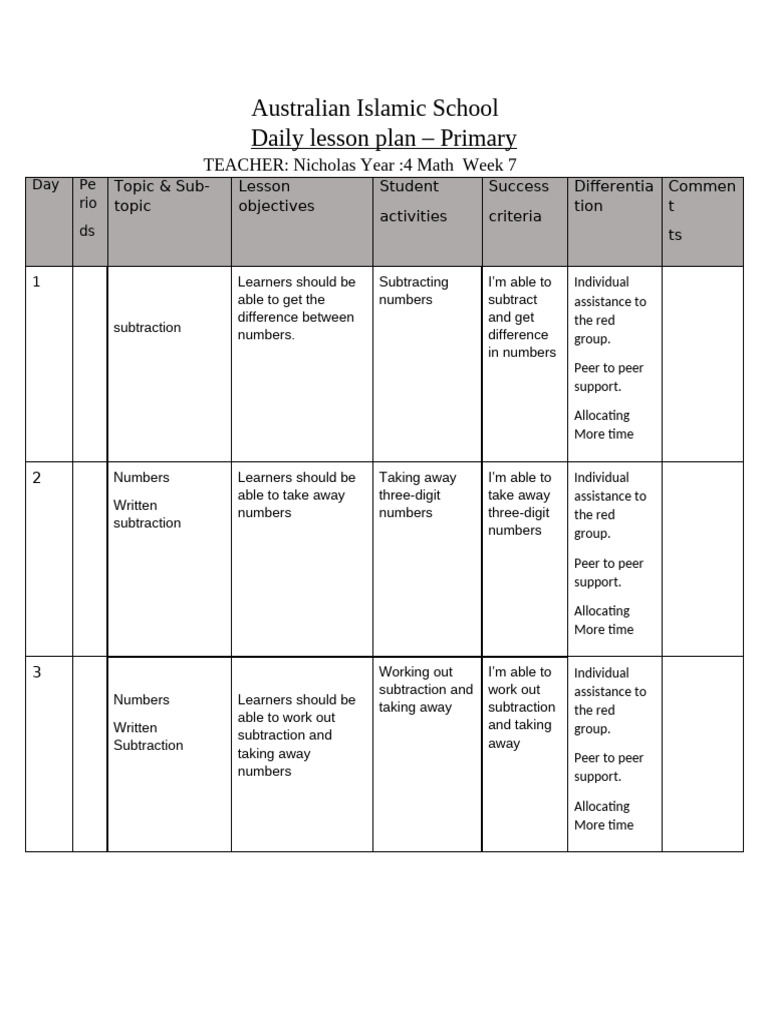 Week 7 Year 4 Maths Lesson Plan | PDF | Learning | Teaching