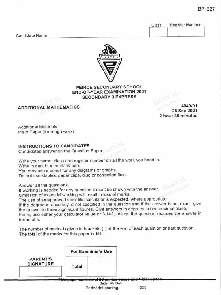 Peirce Secondary A Math Sec 3 EOY 2021 | PDF