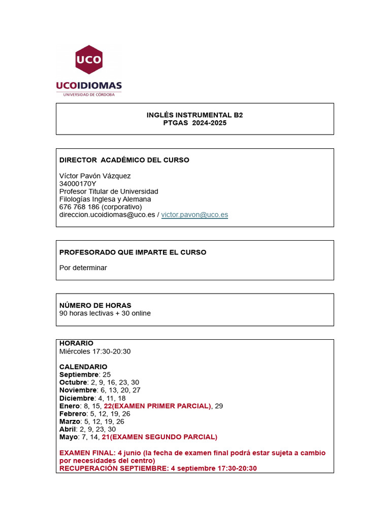 00 Programa Ptgas Inglés Instrumental B2 Curso 2024-2025 | PDF