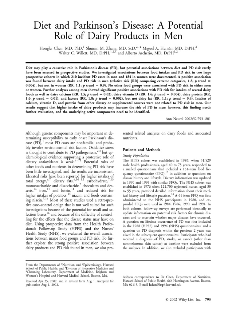 Diet and Parkinson's Disease: A Potential Role of Dairy Products in Men ...