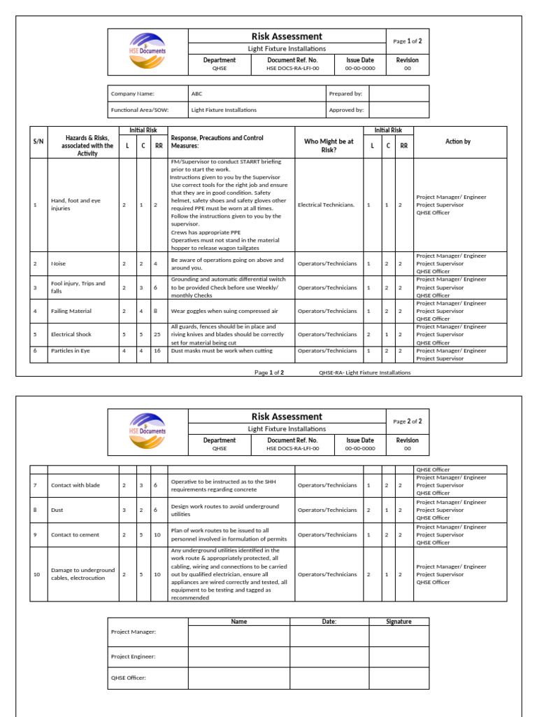 Risk Assessmengt For Light Fixture Installations | PDF