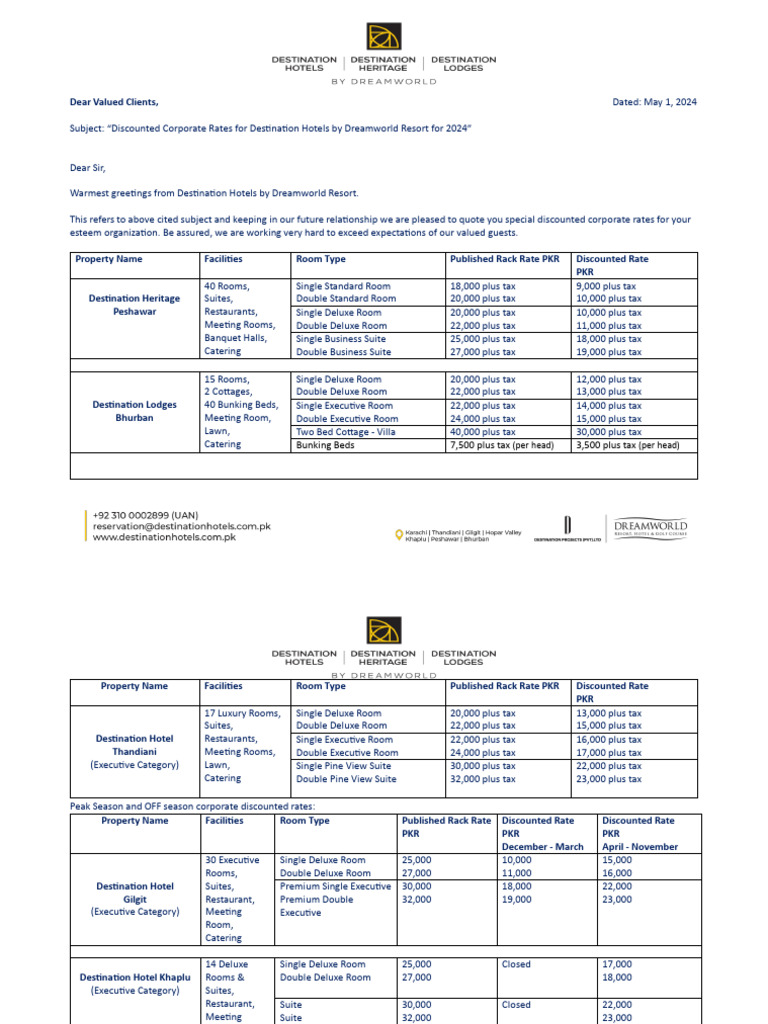 Destination Hotels Corporate Rates, May 2024 | PDF