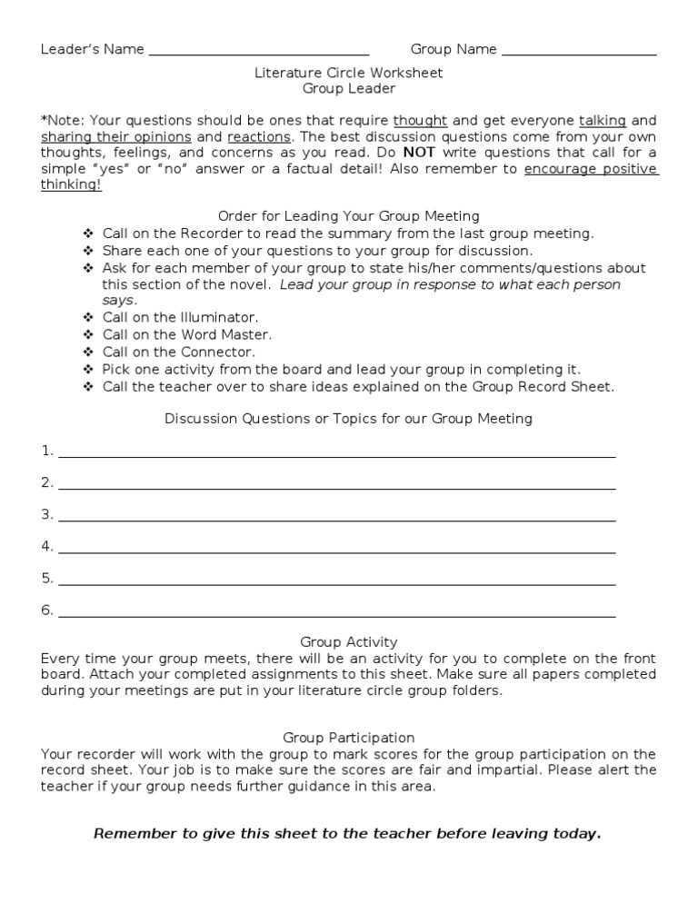 Literature Circle Discussion Guide | PDF