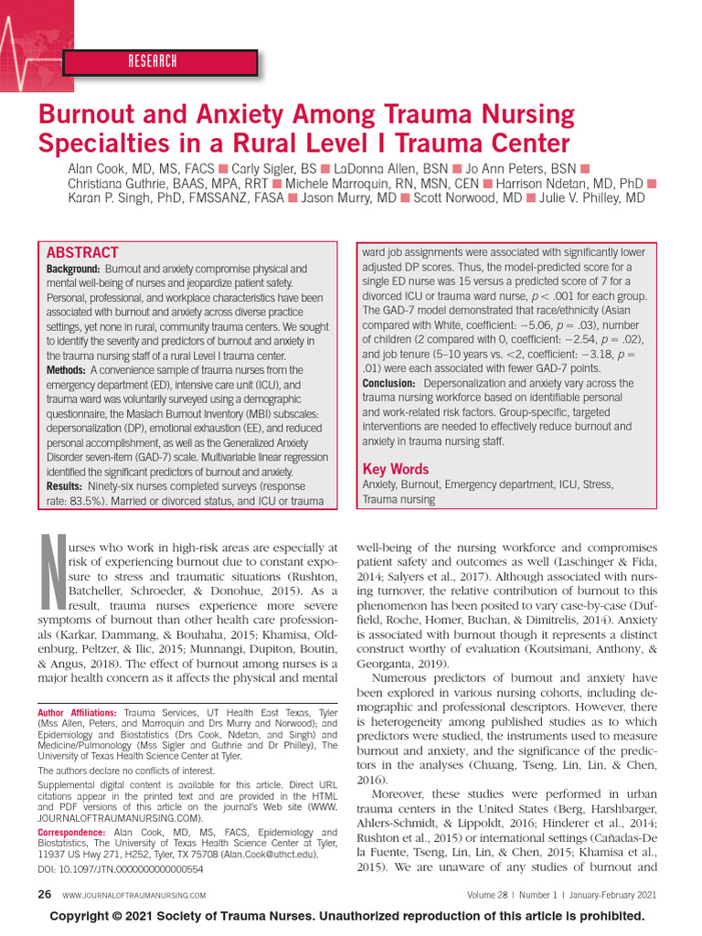 Burnout and Anxiety Among Trauma Nursing.7 | PDF