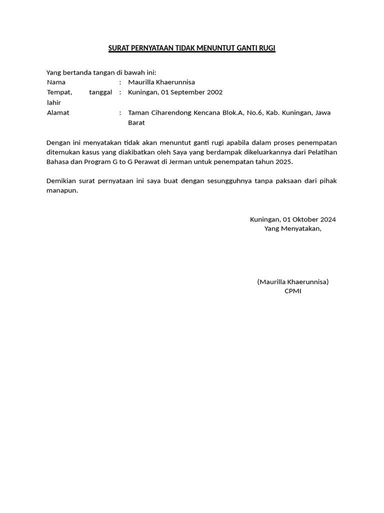 Surat Tidak Menuntut Ganti Rugi Maurilla Pdf