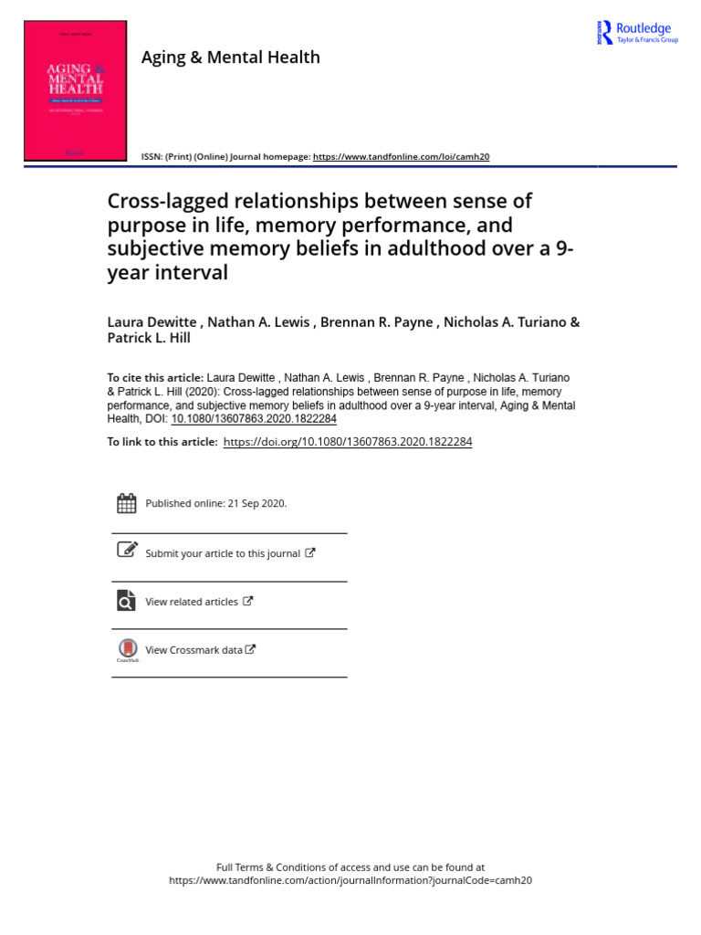 Cross-Lagged Relationships Between Sense of Purpose in Life, Memory ...
