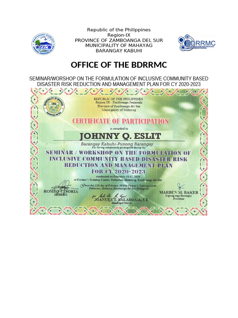 Certificate Of Training Disaster Preparedness Pdf