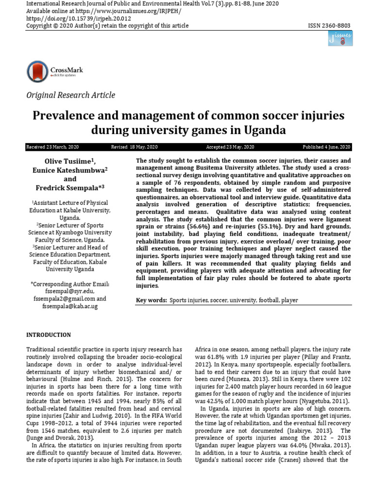 Prevalence and Management of Common Soccer Injuries | PDF