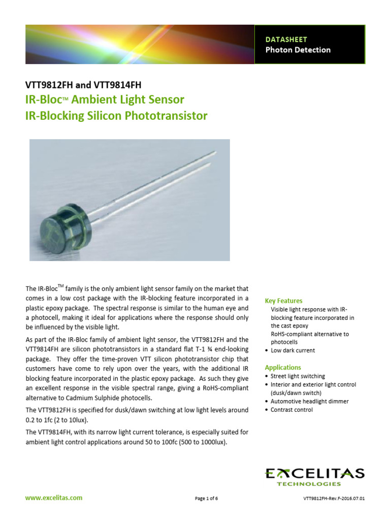 Excelitas VTT9814FH Phototransistor Specifications | PDF
