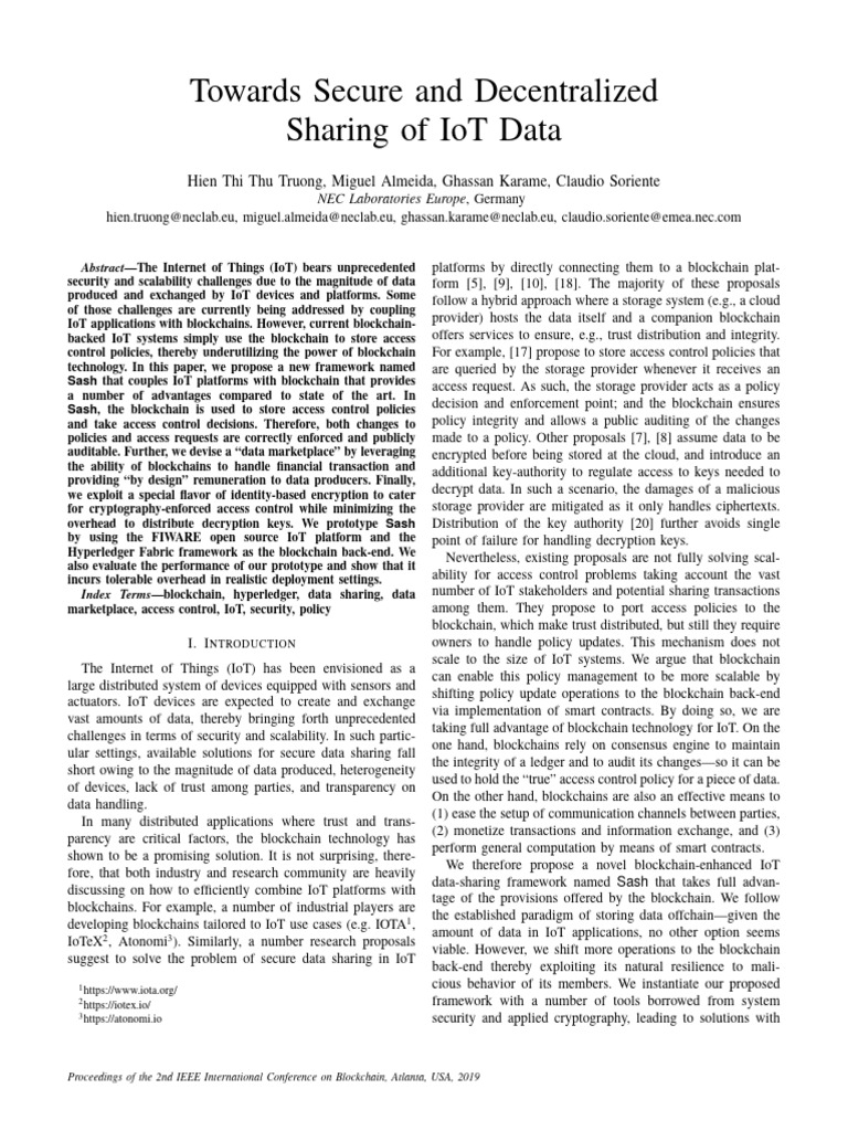 Towards Secure and Decentralized Sharing of Iot Data | PDF