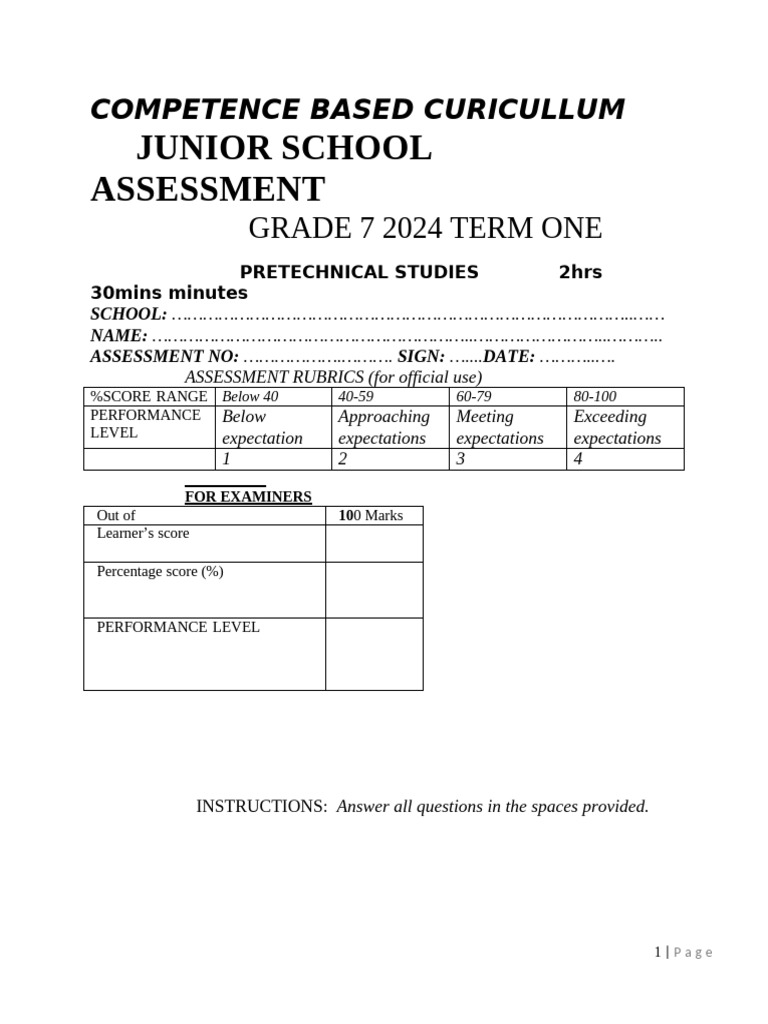 Grade 7 Pretechnical Studies QST 2024 Teacher - Co .Ke 6 | PDF