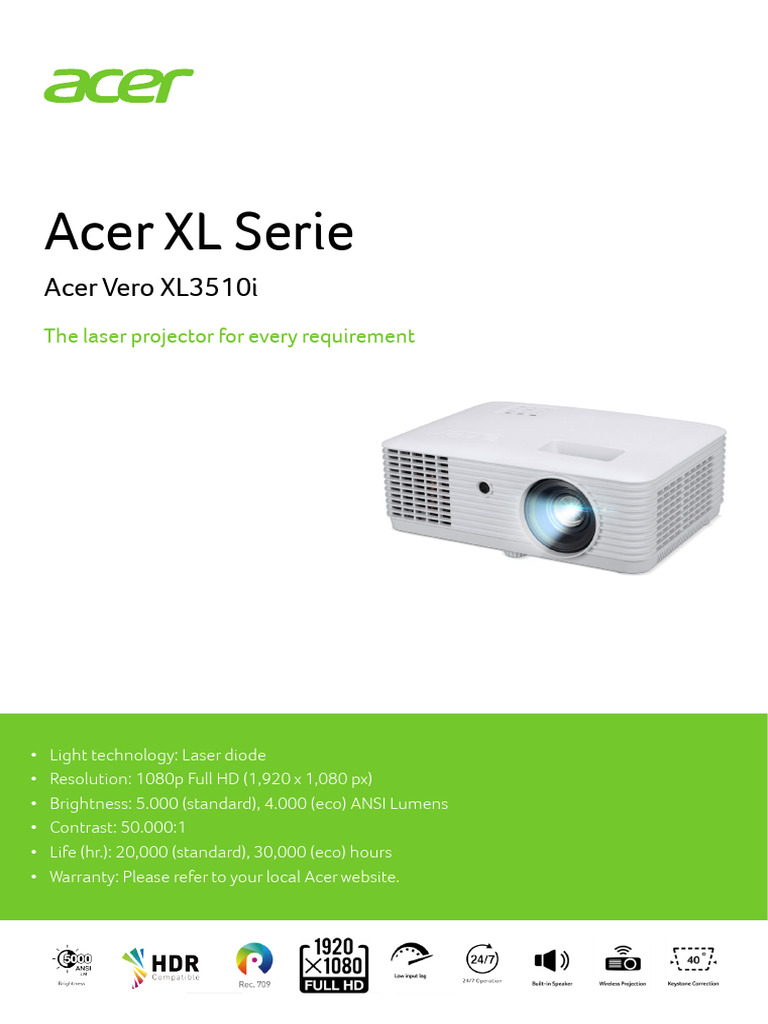 Acer Vero Xl3510i Laser Projector Data Sheet 1 | PDF