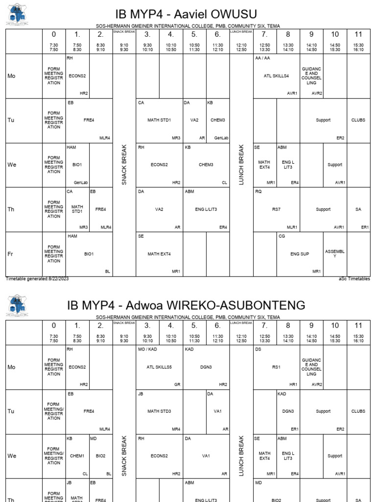 Timetable 2023 2024 students myp4 version3 pdf