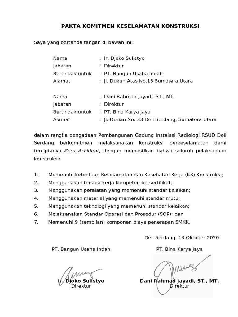 Pakta Komitmen Keselamatan Konstruksli | PDF