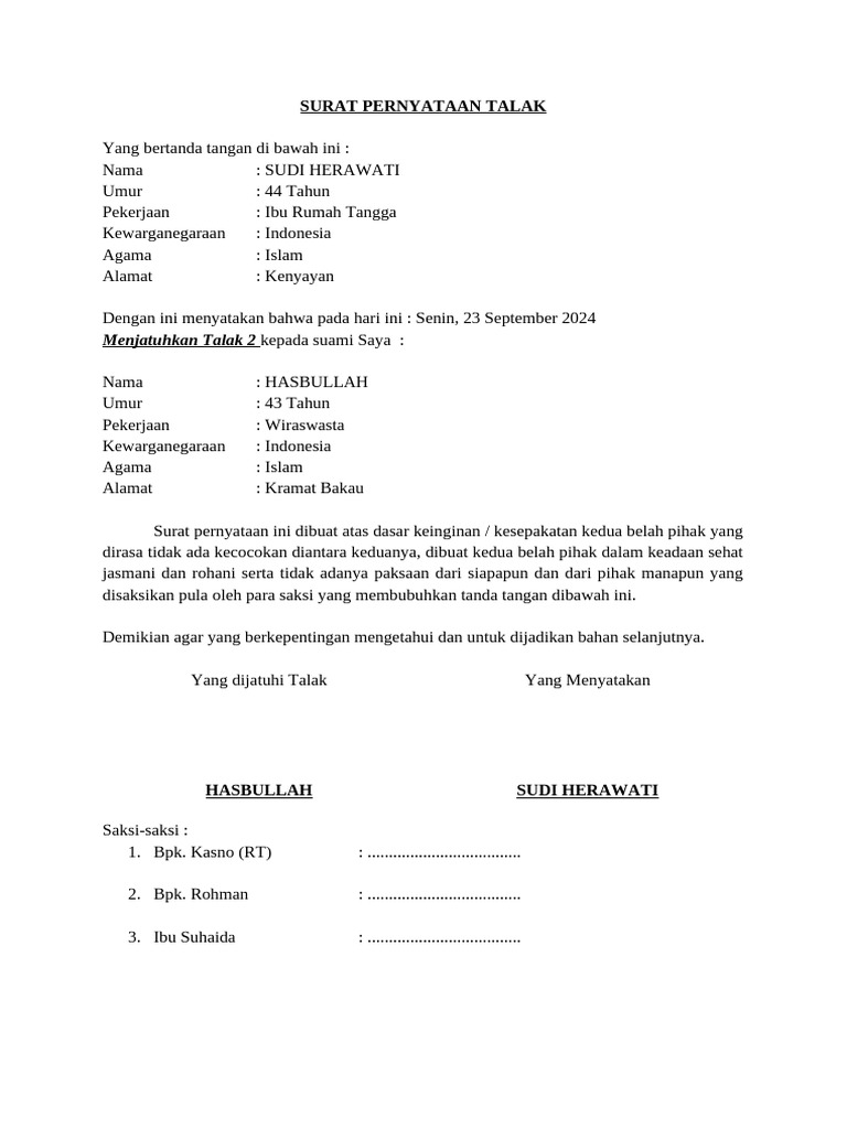 Surat Pernyataan Talak 3 | PDF