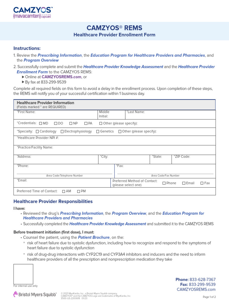 CAMZYOS REMS Healthcare Provider Enrollment Form (09!06!2024) | PDF ...