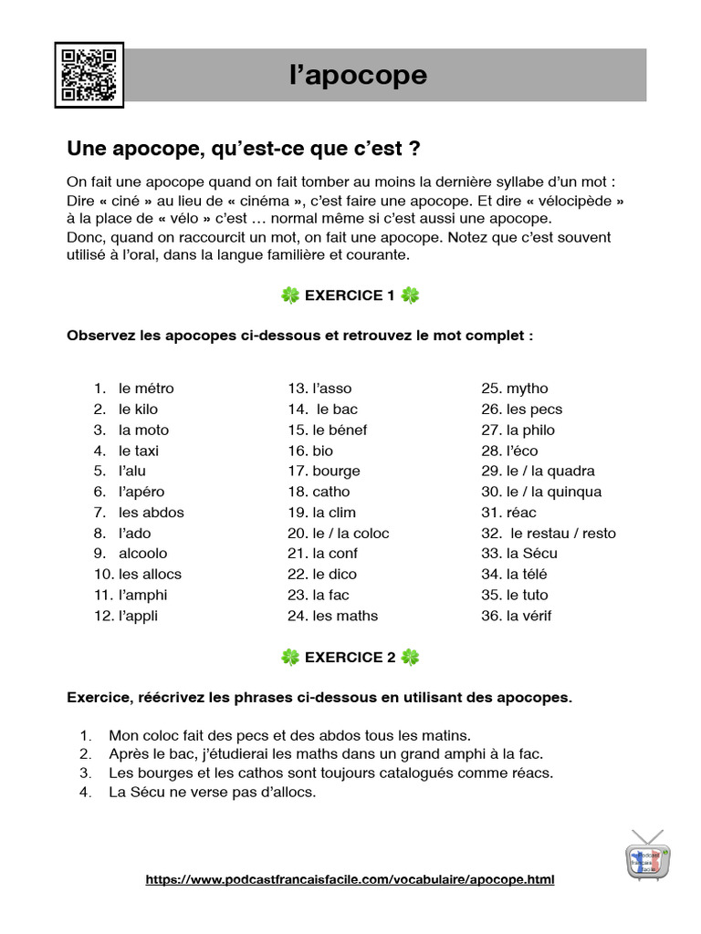 Apocope en Francais Definition Et Exercices | PDF