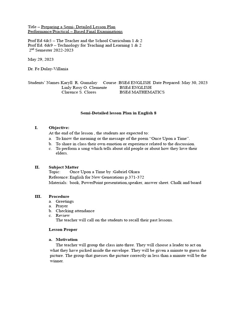 Semi Detailed Lesson Plan in English | PDF