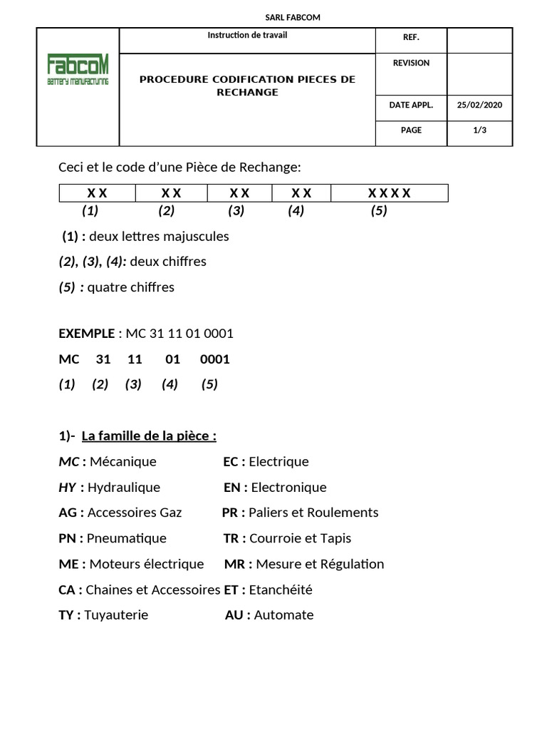 Procedure Codification Pieces de Rechange | PDF