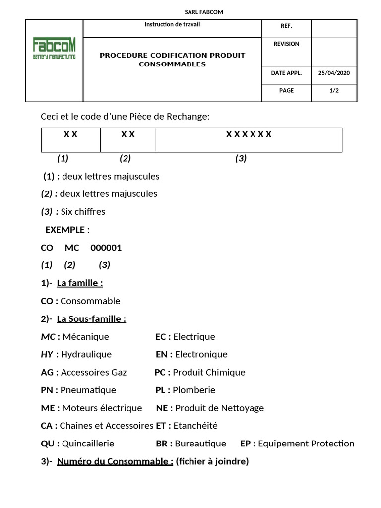 Procedure Codification Consommable | PDF