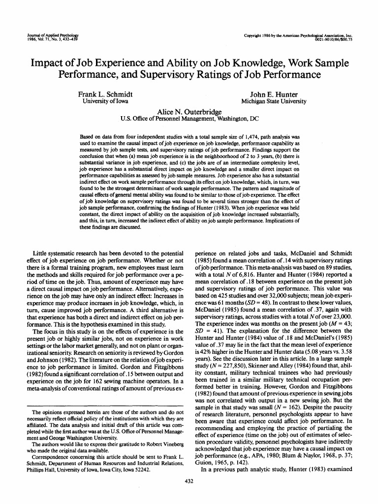 Impact of Job Experience and Ability On Job Knowledge, Work Sample ...