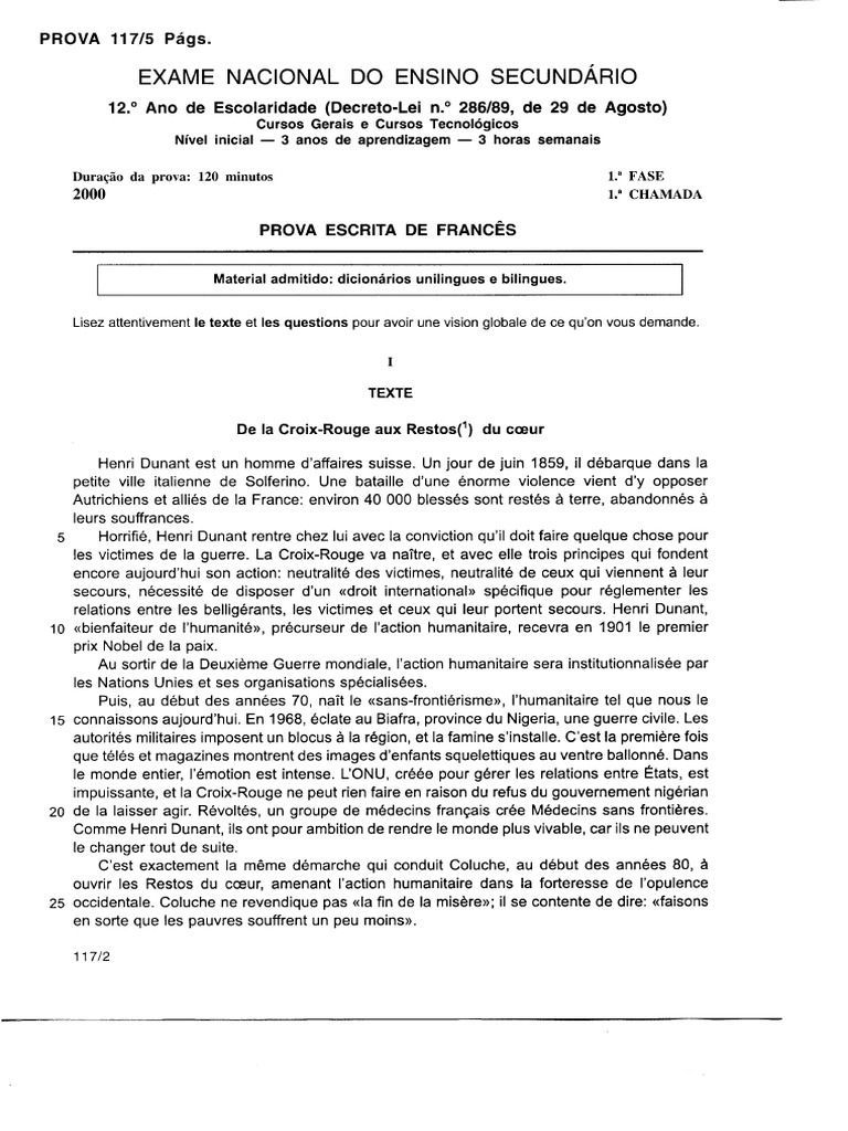 Exame de Francês (2000) 1ºa Chamada | PDF