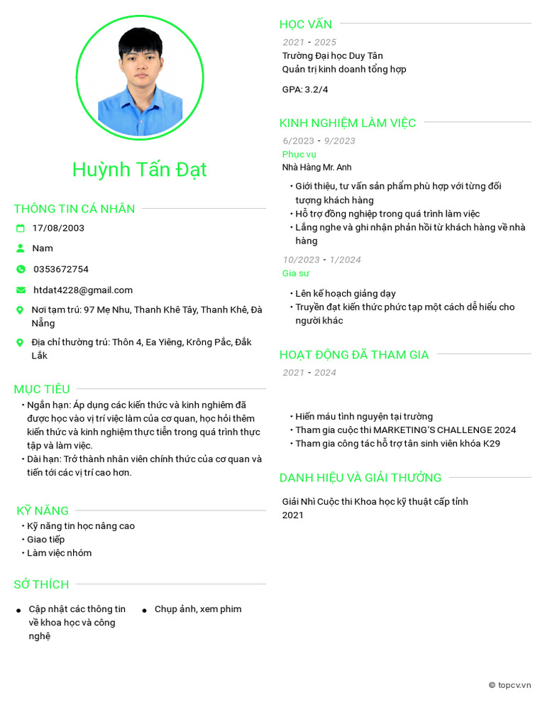 CV Huỳnh Tấn Đạt - CV-TopCV.vn | PDF