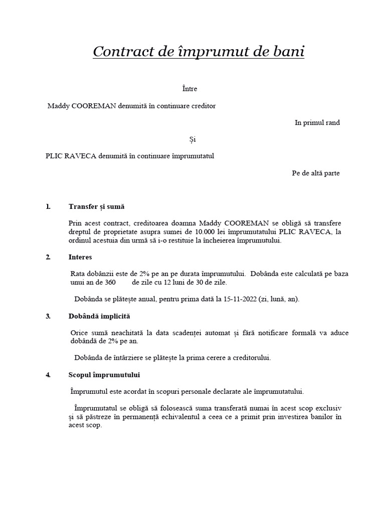 Contract de Împrumut de Bani PLIC | PDF