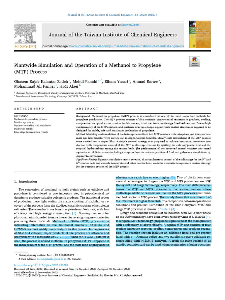 Plantwide Simulation and Operation of A Methanol To Propylene (MTP ...