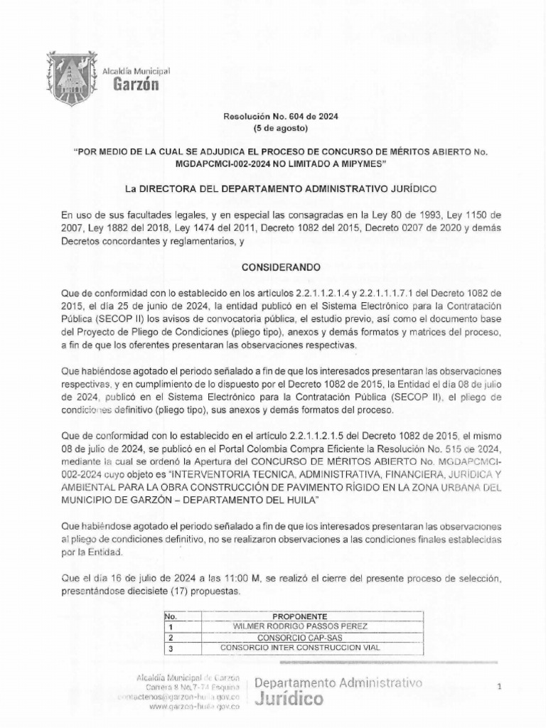 Resolucion 604 Adjudicacion | PDF
