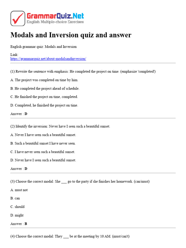 Modals and Inversion Quiz and Answer | PDF | Language Arts & Discipline ...