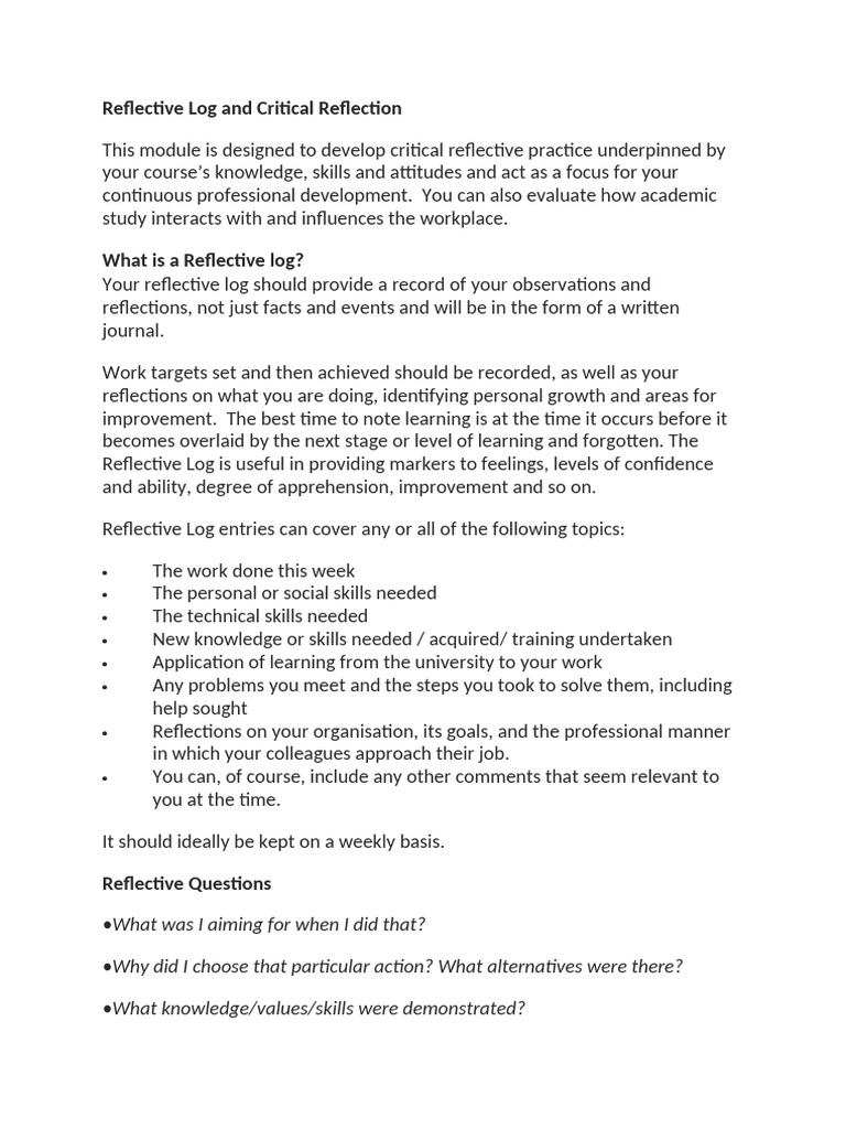 Reflective Log and Critical Thinking | PDF | Critical Thinking | Career ...