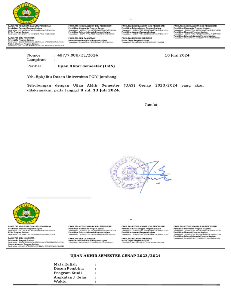 Surat Edaran Uas Genap 2023-2024 | PDF