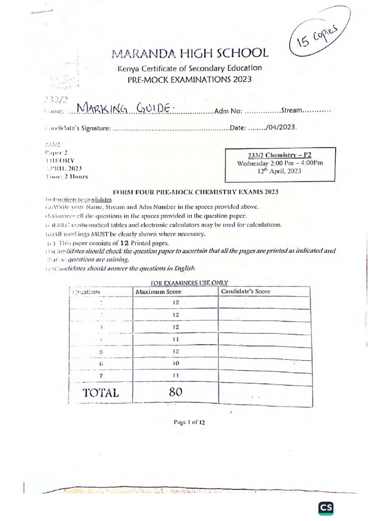 2023 Maranda Pre-Mock CHEM Paper 2 Marking Scheme | PDF
