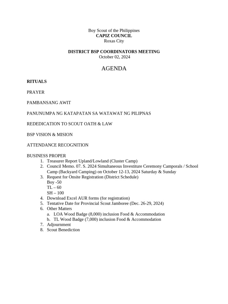 BSP District Coordinator Meeting Agenda | PDF