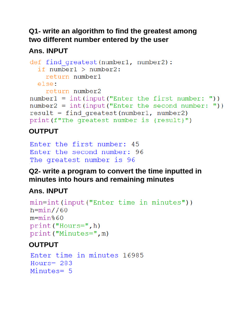 Q1-Write An Algorithm To Find The Greatest Among Two Different Number ...