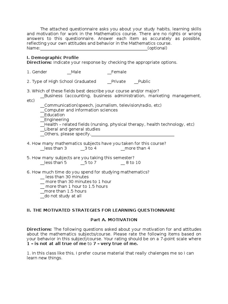 Mathematics Learning Strategies Survey | PDF | Questionnaire | Study Skills