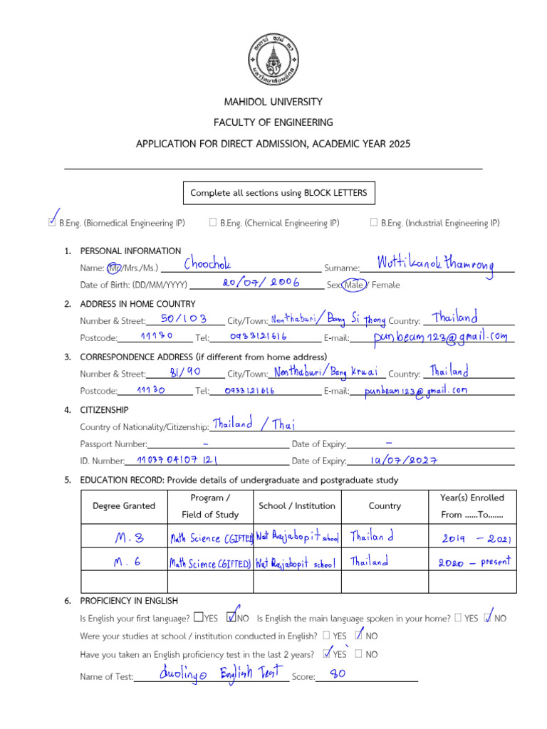 Application Form For Direct Admission | PDF