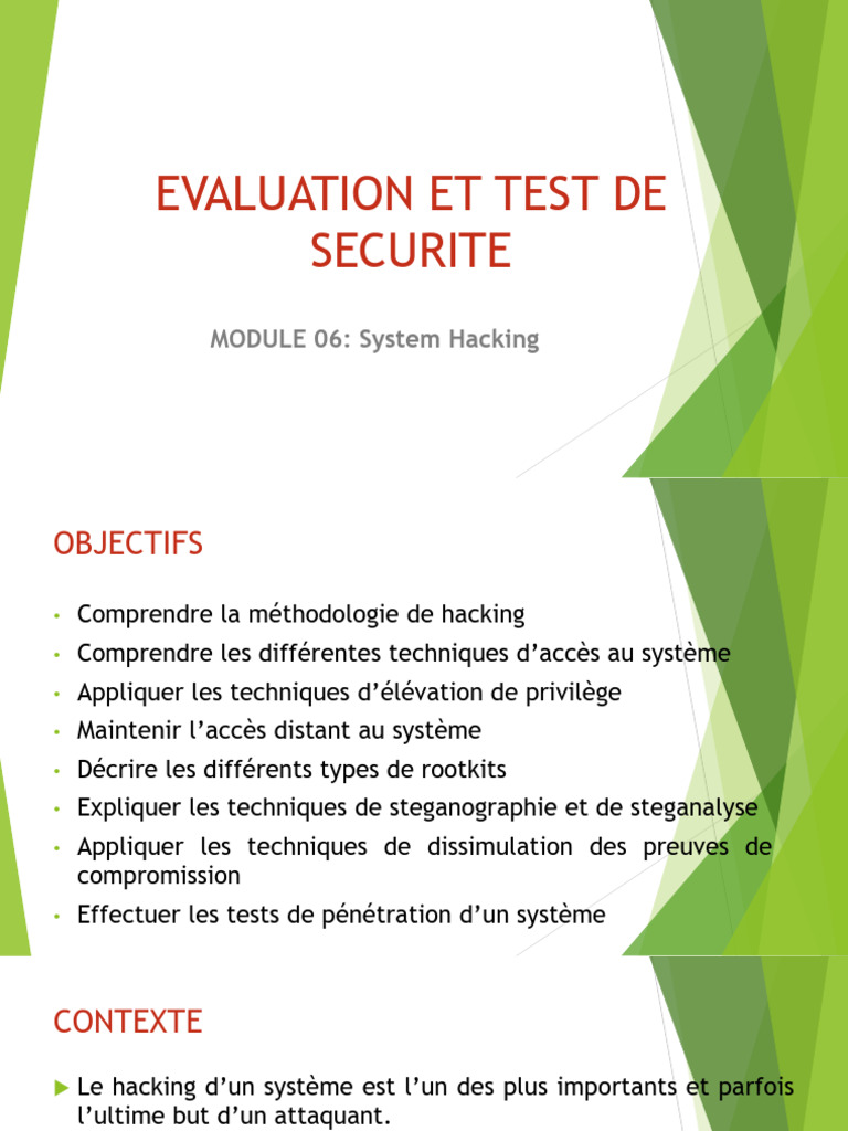 COURS EVALUATION ET TEST DE SECURITE ESA6System Hacking PDF — free download