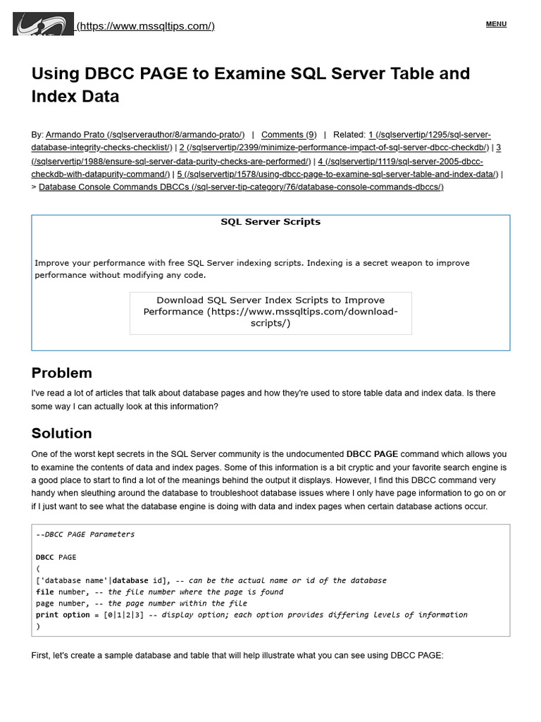 Using DBCC PAGE To Examine SQL Server Table and Index Data | PDF
