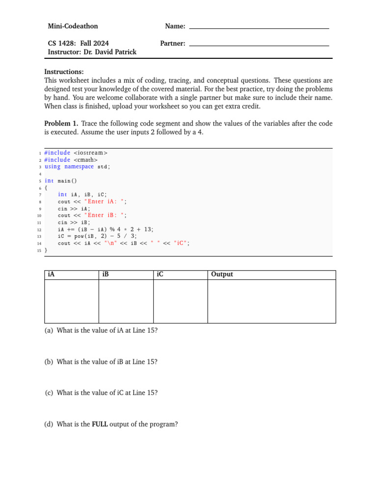 CS 1428 Mini-Codeathon Worksheet | PDF | C++ | Computer Engineering
